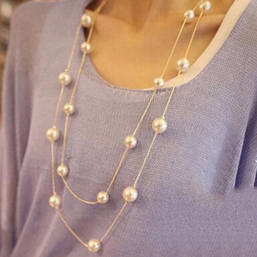 Simulated Pearls Long Chain Necklace Double Layer Lady Sweater Clavicle Jewelry Party Prom Necklaces Pearl Accessories Ornaments