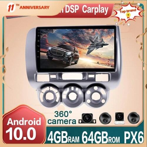 For Honda Fit 2006 + Android 10 Car Multimedia Radio Player 360 Panoramic Camera PX6 4G+64GB Car GPS Navigation DVD DSP Carplay