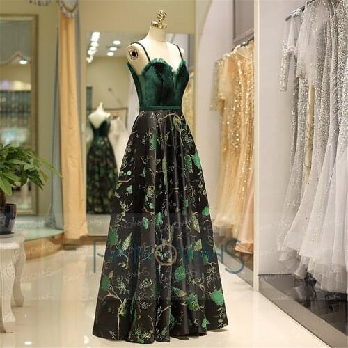 Elegant Evening Dresses 2018 Straps Velvet Dark Green Prom Dress Long A-Line Embroidery Skrit Vestido de Fiesta QS18