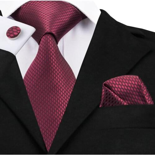 Hi-Tie Luxury Silk Men Tie Set Solid Designer Dark Red Ties for Men Classic Business Wedding Fashion Tie and Cufflinks SN-1464