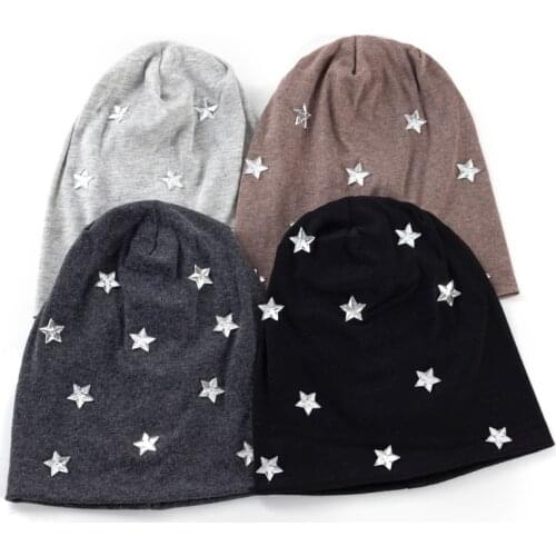 Geebro Women Cotton Silver Stars Accessories Cap Casual Beanies Solid Color Hip-hop Adult Men Handmade Hat Soft Beanie