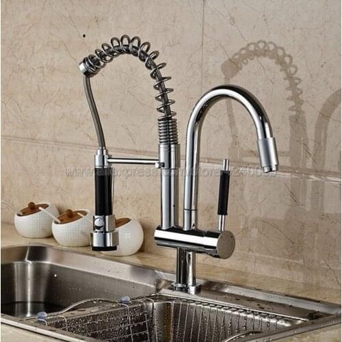 Chrome Spring Pull Down Kitchen Faucet Dual Spouts 360 Swivel Handheld Shower Kitchen Mixer Crane Hot Cold Mixer Taps Ksf079