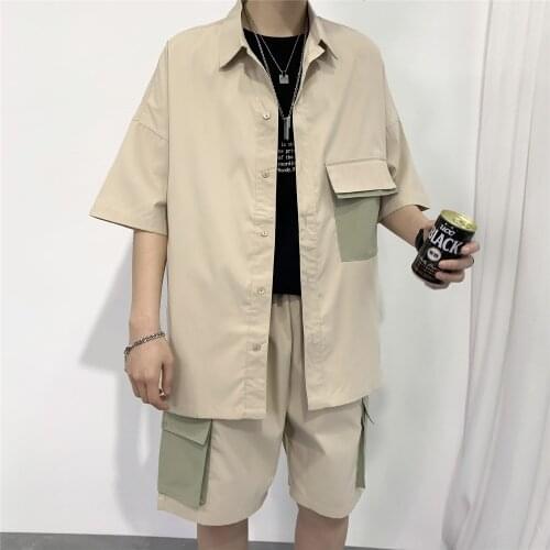 2021 Summer Mens Sets Shirt and Shorts Fashion Oversize Clothing Cotton Patchwork Cargo Pocket Short Sleeve Casual Streetwear