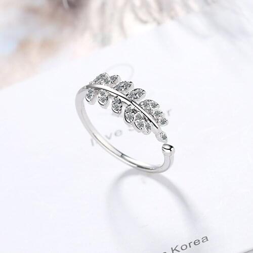 Korean female Ring 925 Sterling Silver Sparkling Dancing Leaves Leaf with CZ Wedding opening ring for Women Jewelry Anel Gift