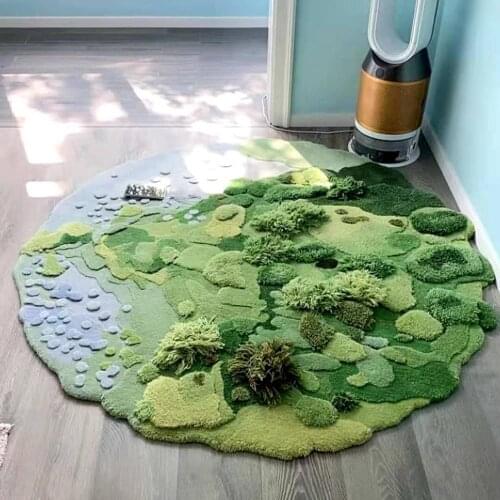 Green forest creative art round rug for kids room Hand tufted wool grass plush carpet for living room and bedroom Wool rug