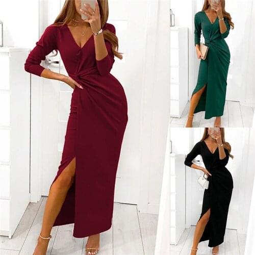 Fashion Women Solid Color Pencil Dress for Party Irregular Design Kink Decor High Split V-Neck Long Sleeve High Waist Slim Dress