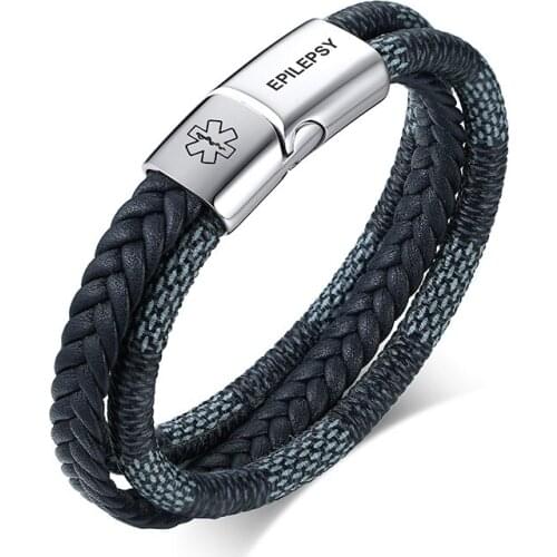 Gents Plaid Grey Blue Eclectic mix Tri-layer Leather Bracelet for Men Jewelry Engraveable Braided Multiple Strands Wristband