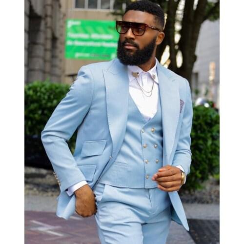 Jacket+Pants+Vest) Fashion Sky Blue With Peak Lapel Two Buttons Wedding Man Suit 3 Piece Formal Man Blazer Custom Made