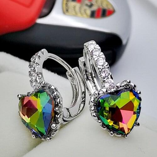 Cute Female Rainbow Crystal Stone Earrings Luxury Silver Color Clip Earrings For Women Charm Love Heart Zircon Wedding Earrings