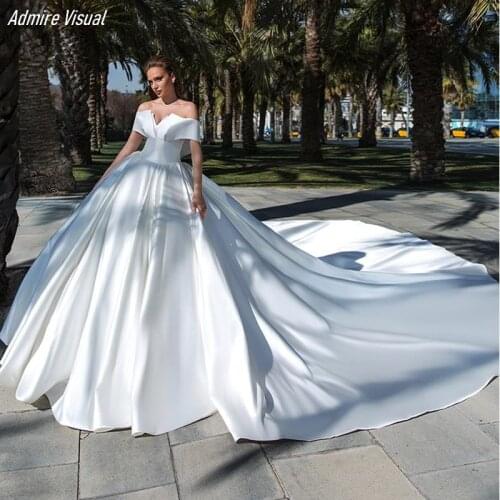 Wedding Dress Ball Gown V-Neck Neckline Lustrous Stain Off The Shoulder Royal Train Floor-Length Noble Plus Size Bride Gown