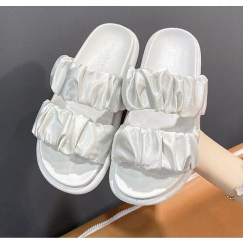 Comfortable Two Straps Pleated Flat Slippers Mules Casual Thick Bottomed Slip On Beach Sandals Round Toe Outdoor Summer Shoes