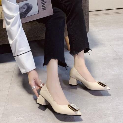 Womens Spring Heel Shoes Pointed toe solid color comfortable non-slip square simple and elegant wild dating office shoes U28-01