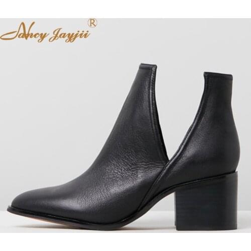 Black Brown Cut Out Ankle Boots Woman High Square Heels Pointed Toe Ladies Autumn Booties Shoes Small Size 30 36 Casual Fashion