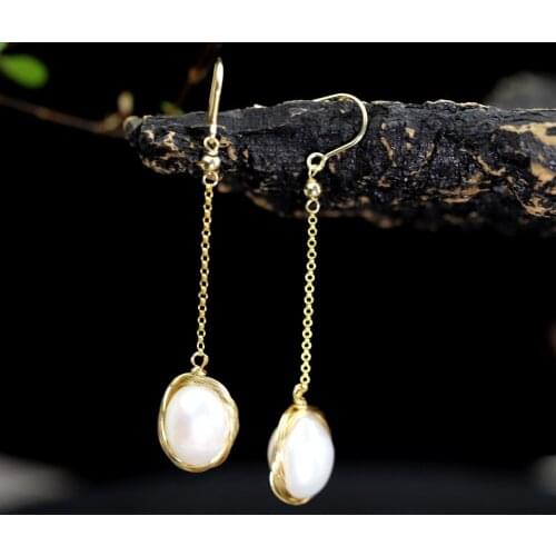 Baroque Pearl Earrings For Lady Elegant Golden Color Real 925 Sterling Silver Long Drop Earrings For Wedding Engagement Gift