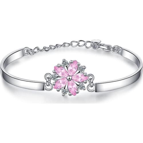 TJP New Arrival Pink Crystal Bracelets For Women Jewelry Flower Zircon Hot 925 Silver Bracelets Girl Bride Wedding Party Bijou