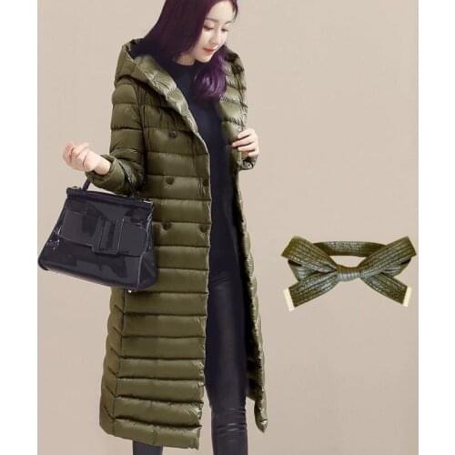 2018 Autumn Winter Women Duck Downs Jacket Parkas Sashes Long Down Coat Ladies Ultra Light Outerwear Hooded Coats Plus Size A881