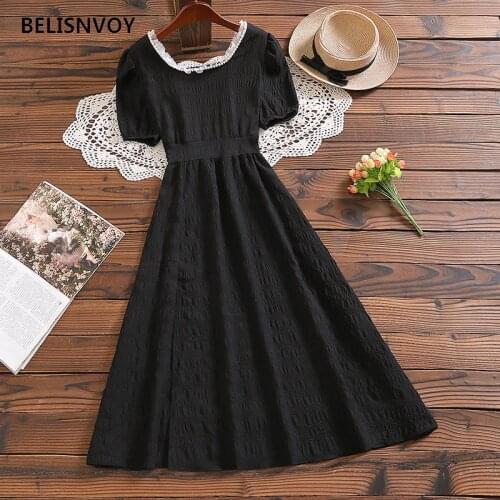 French Vintage Women Lace Square Collar Summer Dress Black Red Puff Sleeve Split Midi A-line Dress Party Elegant Ladies Vestidos