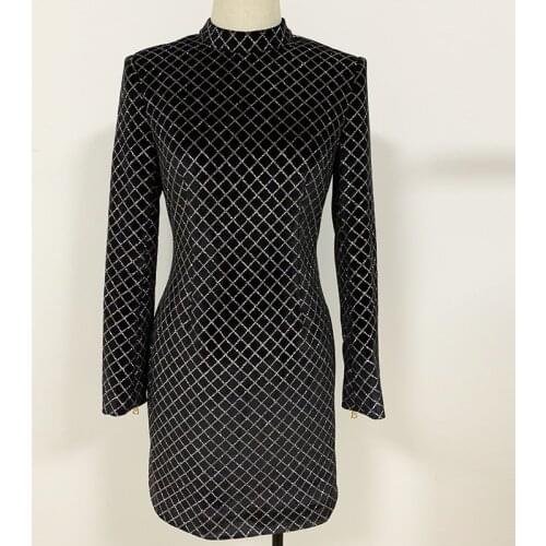 Celebrity Bandage Dress 2020 New Arrival Winter Fancy Coat High Collar Full Sleeves Diamond Lattice Shinny Women Classy Vintage