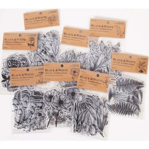 1 Bag Plant Stickers Scrapbooking Album Diary Material The Realm of Black and White Series DIY Mushroom Flower Decorative Paper