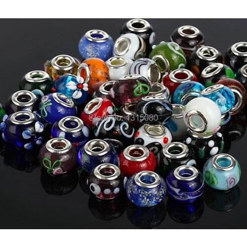 14mm 50Pcs/Lot Glass Silver Plated Cord Big Hole Loose Beads Fit European Beads Jewelry Braclet DIY