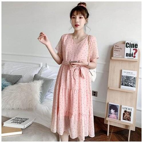 2021 Maternity fashion Polka Dot Short sleeve dress pregnant women summer clothes v-neck chiffon bow maternity dress