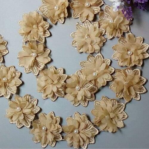 50x Gold Flower Chiffon Pearl Embroidered Lace Trim Ribbon Fabric Handmade DIY Sewing Craft For Costume Hat Shoes Decoration