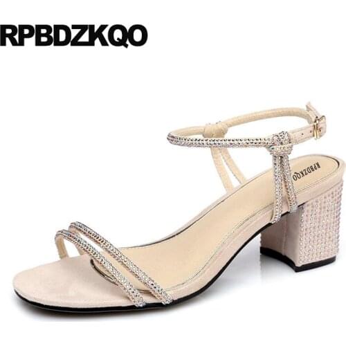 Bling Pumps Black Two Strap Sandals Women Diamond Shoes Chunky Elegant Nude Bridal Jewel Rhinestone Luxury Block Slingback Ankle
