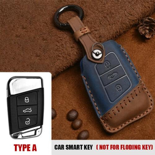 Genuine Leather Car Key Cover For VW Volkwagen B8 CC Tiguan MK2 Magotan Superb A7 3 Button Smart Keychain Remote Protector Case