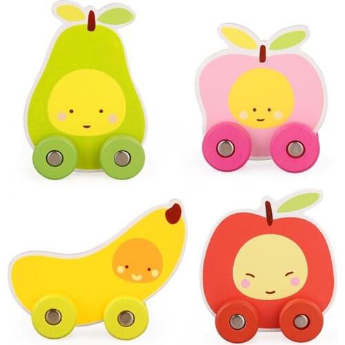 Wood Toys For Children Educational Montessori Classic Wooden Mini Cartoon Fruit-Shaped Cart Vehicle Children Puzzle Toy