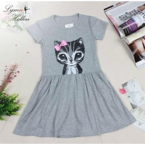 Summer Baby Girl Dress Cat kitty Print Grey Pink Girl Dress Children Clothing Clothes Short Sleeve 0-8 Years Kids Lady Dresses