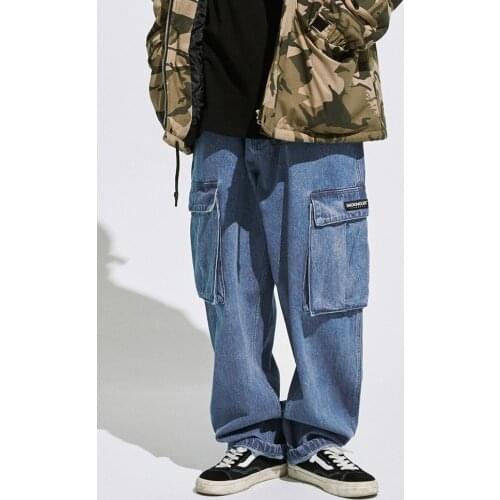 Firmranch Men/Women Multi-pocket Denim Jeans Hip Hop High Street Wide-leg Overalls pants Casual Loose Long With Belt Dad Jeans