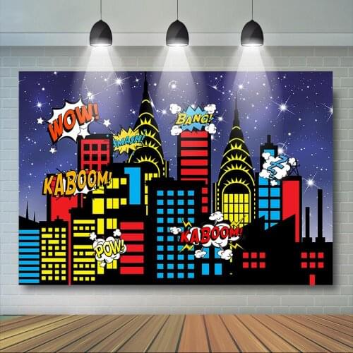 Superhero Backdrop Boy Supercity Night Skyline Background Boys Superhero Birthday Party Decor Dessert Table Banner Supplies