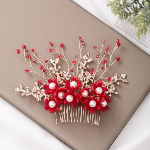 High Fashion Red Flower Shining Crystal Pearls Hair Combs Bridal Wedding Hair Jewelry Women Girls Birthday Party Headpieces