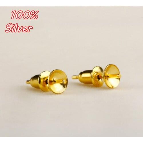 100% 925 Sterling Silver Color Ear Stud Blank Jewelry Fit 6mm-12mm Cabochon Gold Color Base Tray for diy Earrings