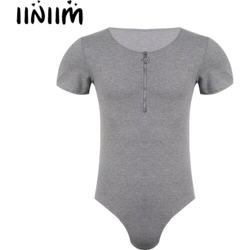 Iiniim Mens Male Casual Bodysuit Short Sleeve Front Zipper Leotard T-shirt Tops Jockstraps Snap Button Crotch Teddies Jumpsuits