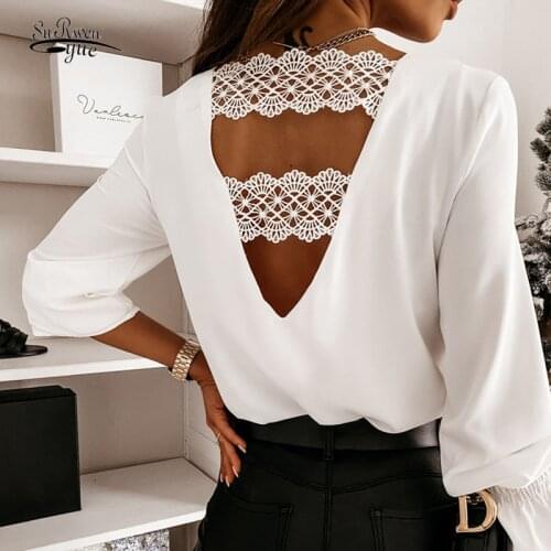 Hollow Lace Stitching Shirt Fashion Sexy Spring and Autumn Long-sleeve Shirt V-neck Chic Back Korean Office White Blouse 12460