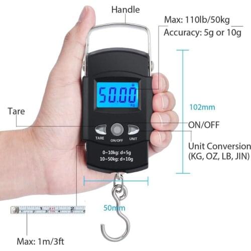 Mini 50kg Pocket Scale Weighing Electronic Balance Digital LCD Display Fish Hook Hanging Fishing Measuring Tape Ruler