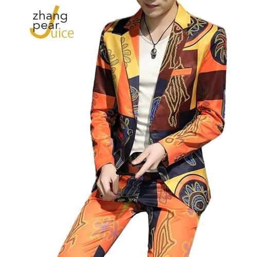 Men Casual Blazer Men Floral Printed Jacket Men Slim Fit Party Club Jacket Coat Stage Clothes