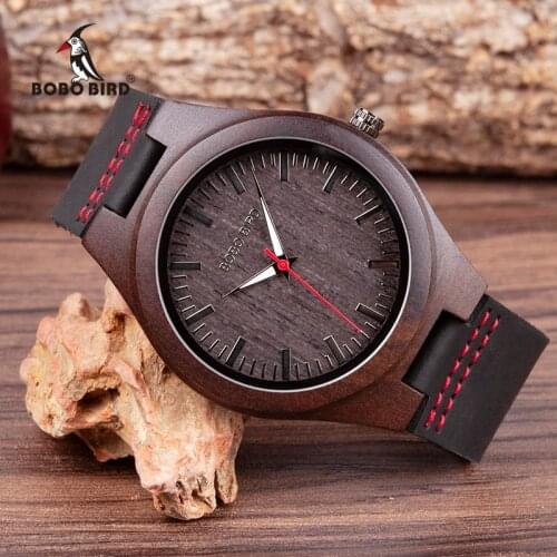 Erkek kol saati BOBO BIRD Men Women Wrist Watches Leather Band Ebony Quartz Timepiece relogio masculino In Gift Box V-S10