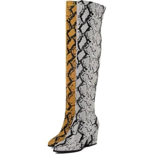2021 New Ladies Over The Knee Boots Fashion Snakeskin Pattern Female Autumn Winter Slope Heel Slip On Elastic Boots Women Shoes