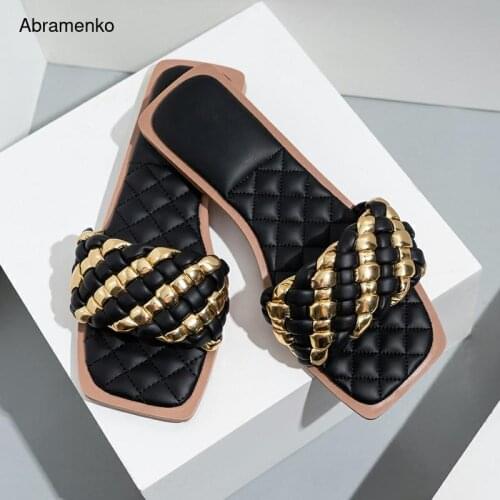New Design Woven Slippers Women Flats Slip On Square Toe Casual Ladies Shoes Slides Outdoor Summer Female Flip Flops Fashion