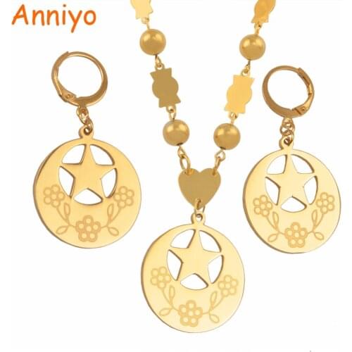 Anniyo Star Pendant Earrings & Beads Necklaces Jewelry sets for Women Gold Color Hawaii Island Marshall Jewellery Gifts #026821S