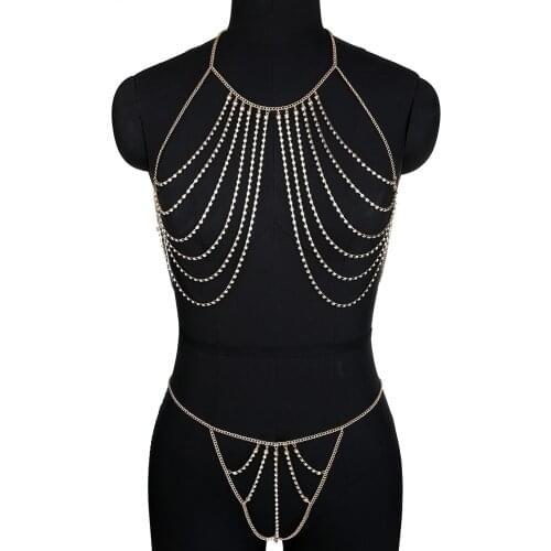 Sexy Womens Metal Tassel Bling Rhinestone Bikini Body Chain Set Chest Chain Gothic Punk Fashion Festival Jewelry Accessories
