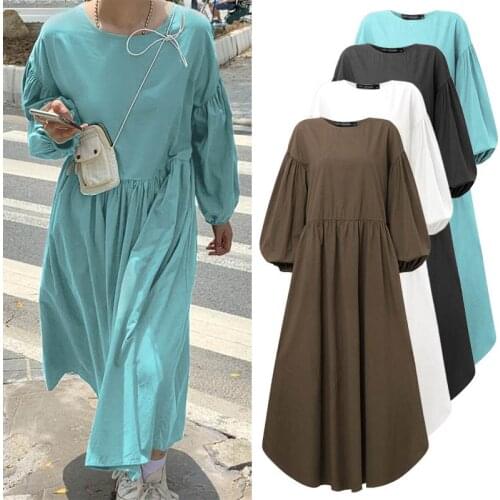 ZANZEA Female Puff Sleeves Long Maxi Dresses 2021 Autumn Women Solid Casual Robe Femme Round Neck Cotton Vestidos Oversized