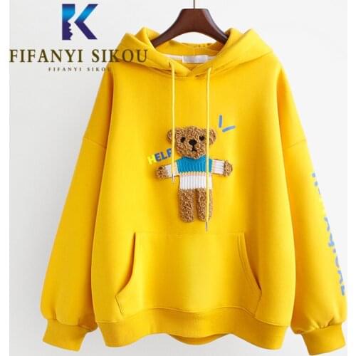 Autumn Winter Women Sweatshirt Cute Bear Embroidery Fashion Hoodies Thick Warm Pullovers Pocket Loose Hooded Sweatshirts Female