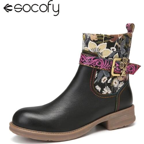 SOCOFY Elegant Ladies Boots Metal Buckle Decor Flowers Cloth Stitching Comfy Genuine Leather Zipper Short Boots Warm Winter 2021
