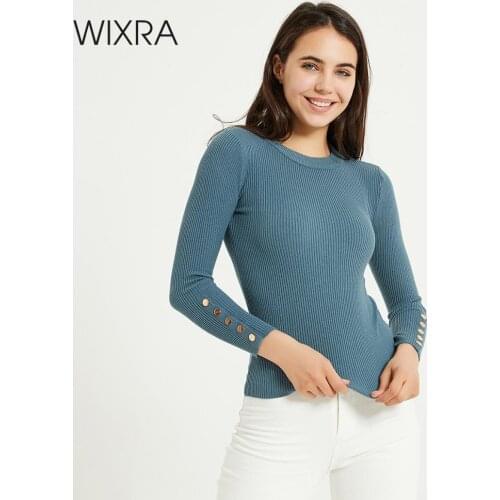 Wixra Womens Sweater Slim Buttons Long Sleeve Sweater Femme Basic Match Sweaters Pullover Knitting Autumn Winter Knitwear
