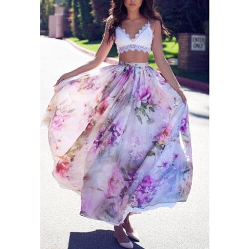 Women Chiffon Boho Floral Jersey Gypsy Long Maxi Full Skirt Beach Casual Loose High Waist Skirts Summer 2019