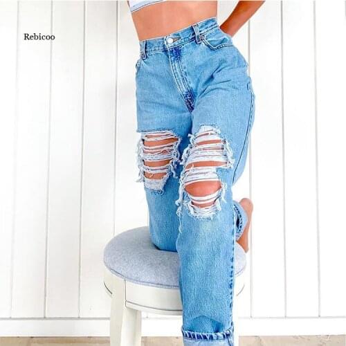 High Street Women Jeans Casual Straight Leg Jeans High Waist Loose Fitting Jeans Ripped Holes Thin Ladies Denim Trousers
