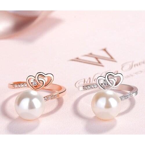 Womens Fashion Pearl Heart Rings Silver Plated Zircon Opening Finger Ring Wedding Engagement Ring Bridal Jewelry Lovers Gifts
